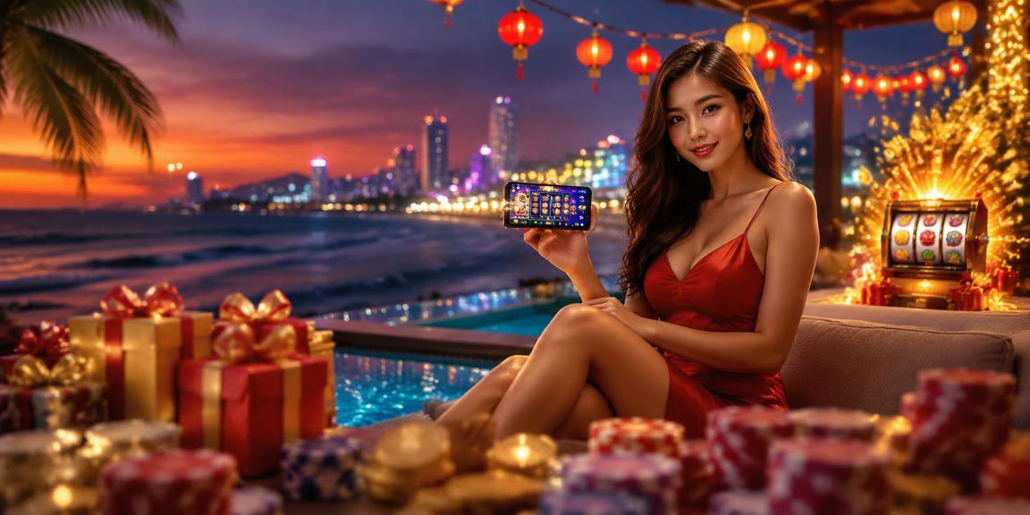 Màn hình slot game trên bãi biển Đà Nẵng về đêm với hiệu ứng neon rực rỡ