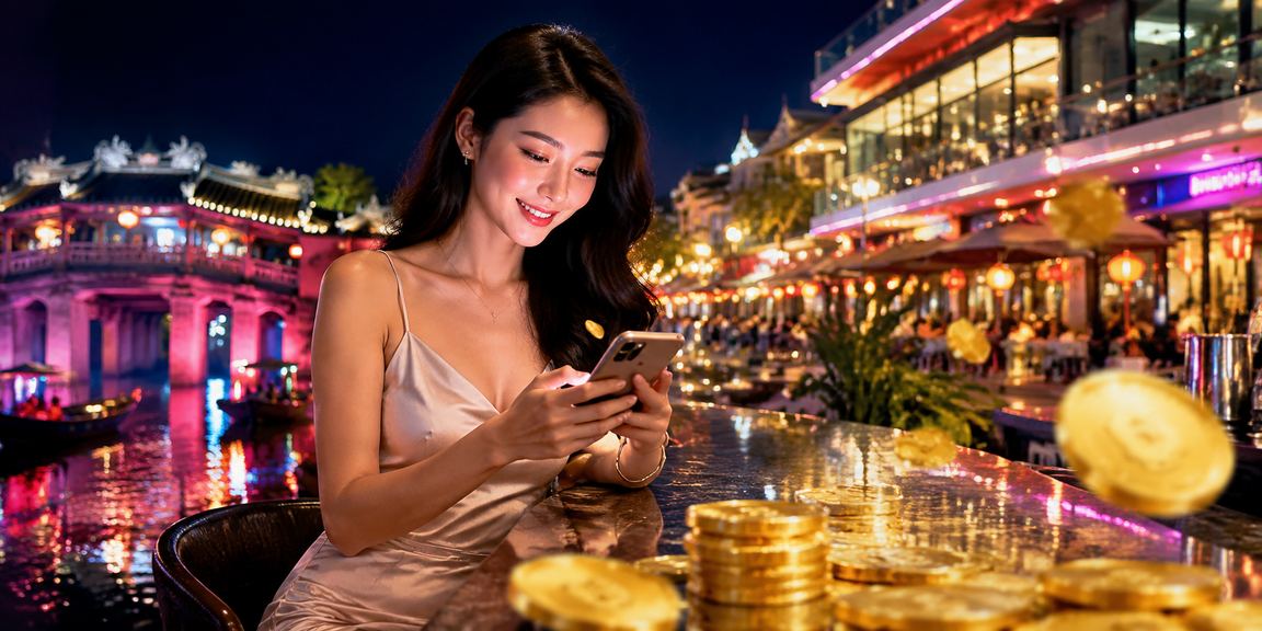 Người chơi Slots tại chợ đêm Hội An trải nghiệm game trên điện thoại về đêm